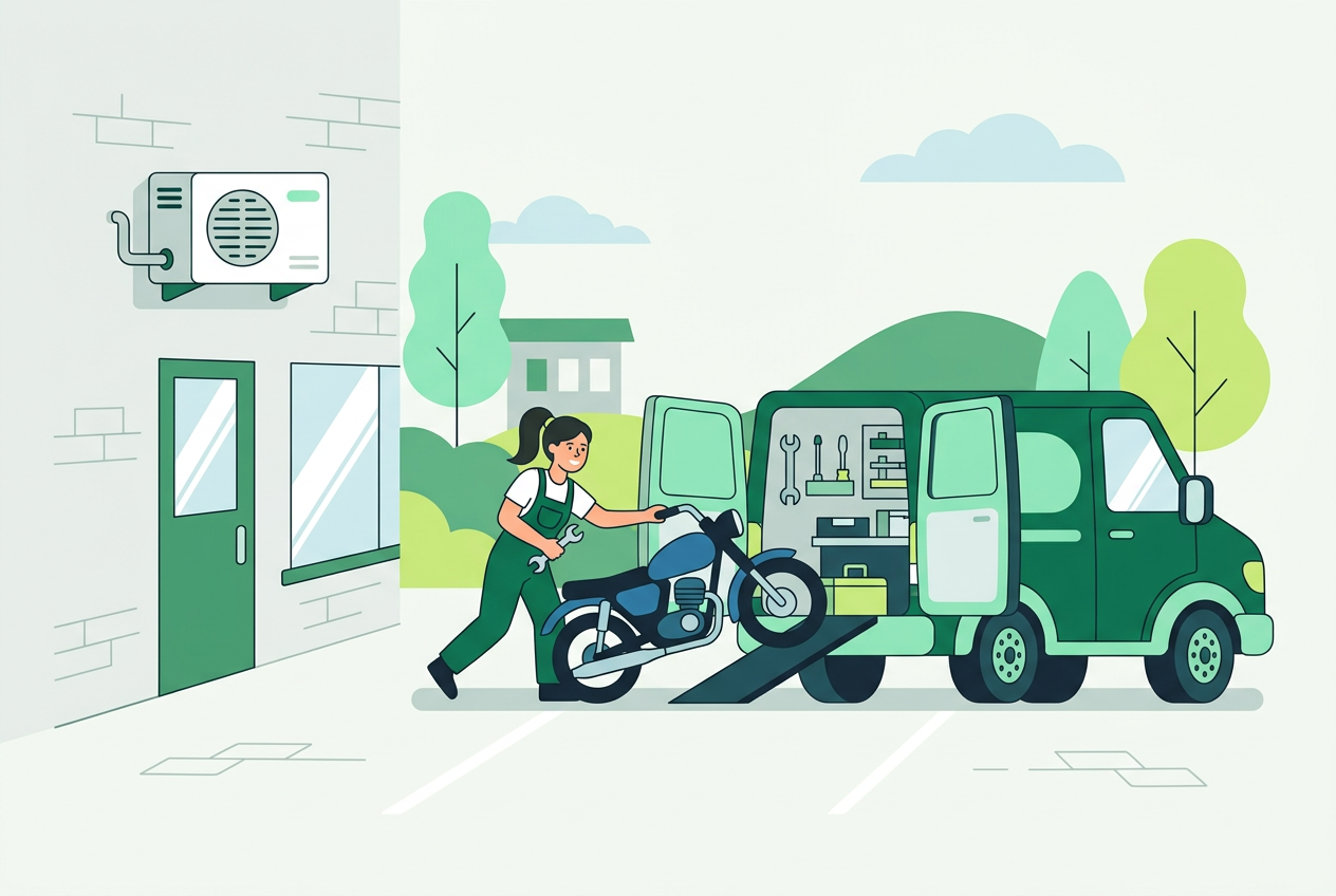 Illustration of a Greenusfix van picking up a motorcycle for repair, with an air-conditioner unit on the wall behind